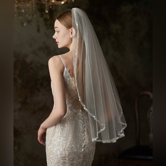 Accessories - New Ivory Sheer Veil with Sequins and Pearls
